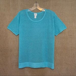 CHICO’S Open Knit Short Sleeve Sweater Aqua Silver